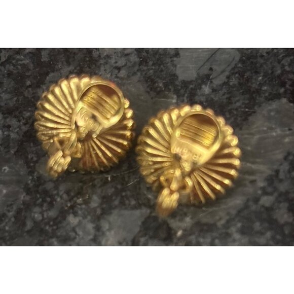 Vintage Monet Gold-Tone Clip-On Earrings With Faux Pearl Center & Beaded Trim - Picture 6 of 8